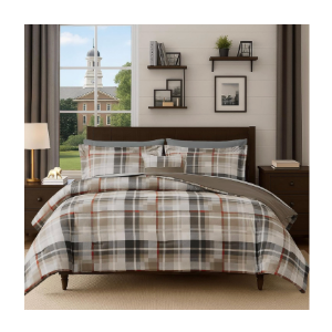 MaiRêve Plaid Queen Comforter Sets Khaki, Classic Farmhouse Bedding Set Bed in A Bag 7 Pieces, Lightweight All Season Comforter Set with Fitted & Flat Sheet, Pillowcases & Shams