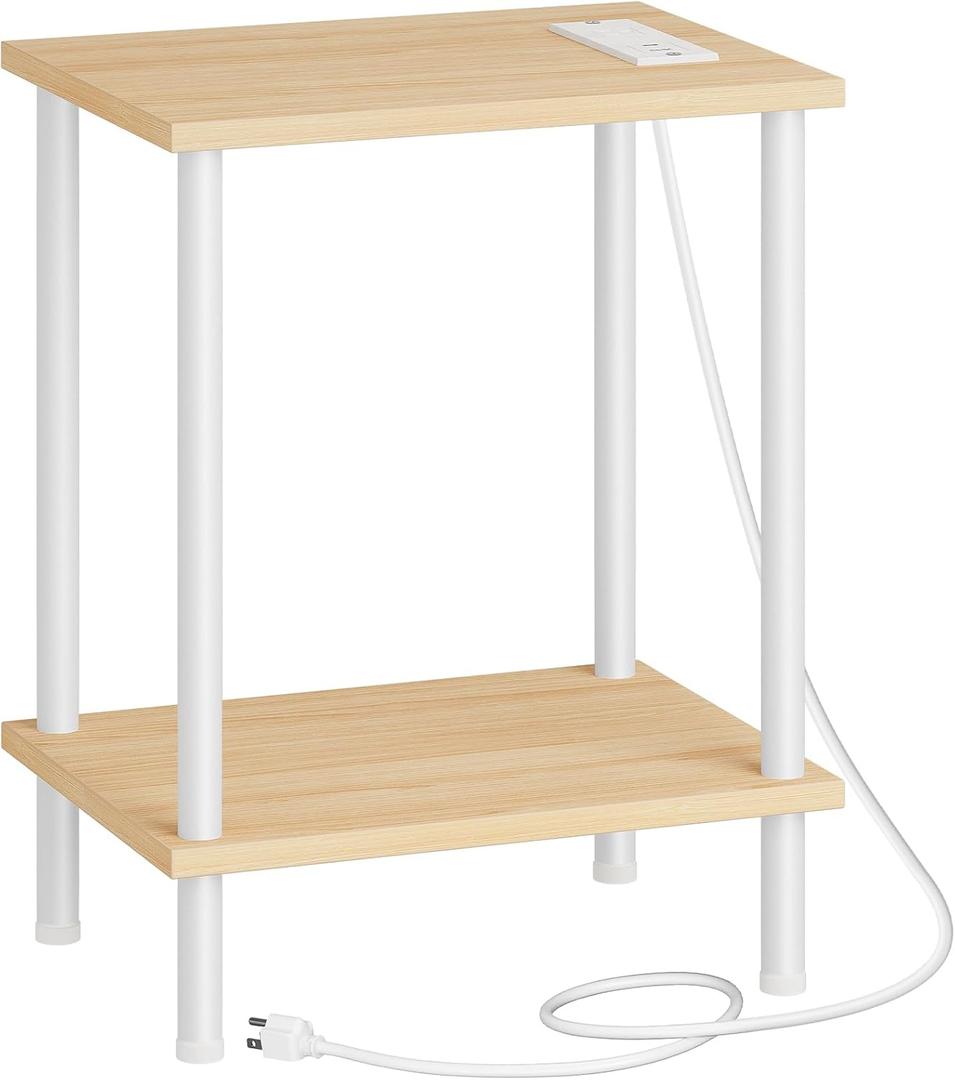 HOOBRO Side Table with Charging Station, End Table with USB Port and Outlet, Nightstand with 2-Layer Storage Shelves for Small Spaces, Living Room, Bedroom, Stable Frame, Natural and White