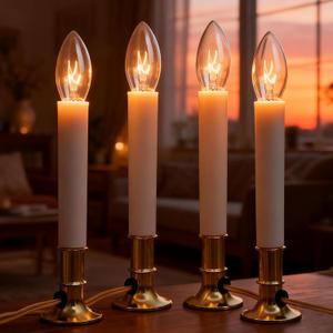 4 Pack Electric Christmas Window Candles Plug in, Flameless Electric Candle Lamp with C26 Clear Bulbs, 7W Warm White Window Sill Lights with Golden Base On/Off Switch for Holiday Wedding Table Decor