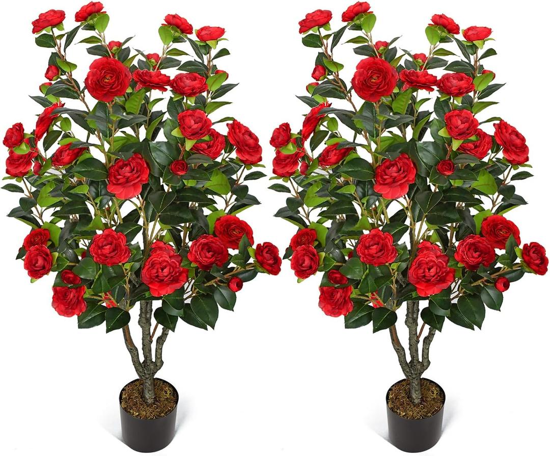 2 Pack Artificial Camellia Tree 42" Faux Floral Trees with 36 Red Blooming Flowers Tall Camellia Plant in Cement Pot with Dried Moss for Porch Front Door Office Shop Home Room