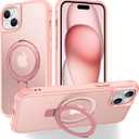 Magnetic Compatible with iPhone 15 Case with Stand [Military Grade Drop Tested][Compatible with Magnet] Ring Translucent Slim Hard Back Soft Edge, Pink 