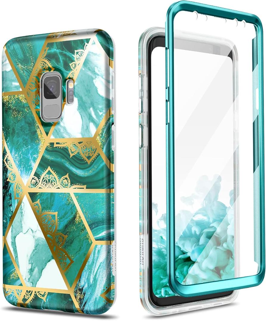 SURITCH Case for Galaxy S9, [Built-in Screen Protector] Hybrid Full-Body Protection Shockproof Rugged Bumper Soft Silicone Protective Cover for Samsung Galaxy S9 5.8 Inch (Green Marble)