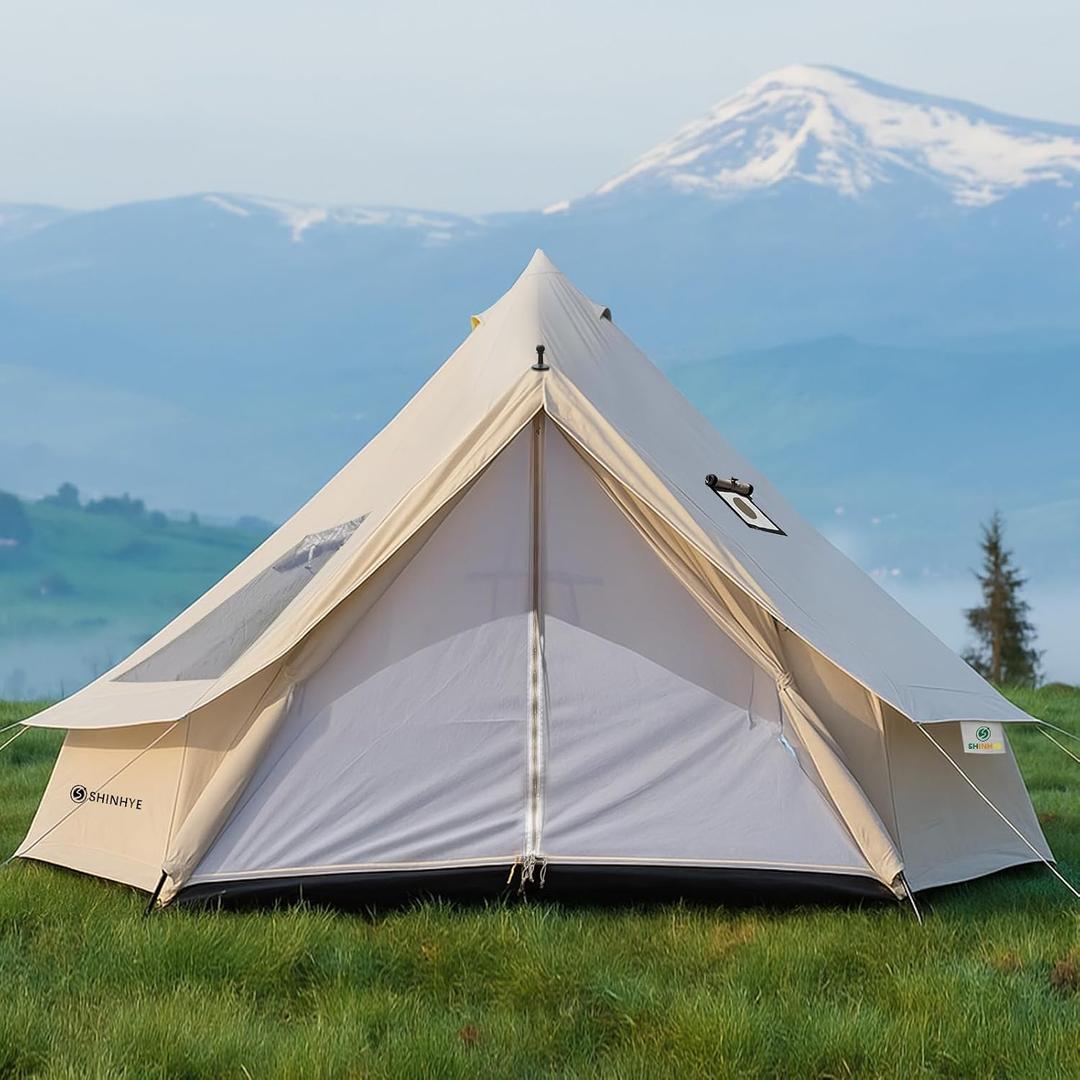 Bell Yurt Tent, Waterproof Luxury 4 Season Hot Tent with Stove Jack/ Air Conditioner Vents/ 2 Skylight for Family Outdoor Camping Oxford Glamping Tents for All Year Living (Beige Oxford 5M Yurt)