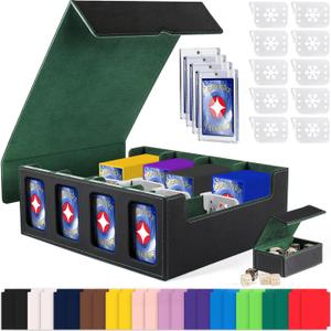 GEAoffice Trading Card Storage Box with Commander Display, 3200+ Card Deck Case with Magnetic Removable Lid, 4-Row Deck Box for MTG/TCG/Sports/Games, 10 Stoppers, 24 Dividers, 1 Dice Tray, Black Green