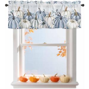 Fall Blue White Pumpkin Valances Curtains for Windows, Thanksgiving Decorations Rod Pocket Kitchen Valance Curtain for Living Room/Bedroom, Short Window Treatment Drapes, 54x18in, Eucalyptus Leaves