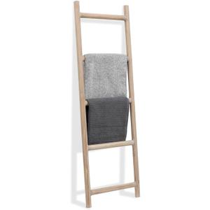 FUIN Fully Assembled 5ft Wood Blanket Ladder Living Room Decorative Wall Leaning Farmhouse Quilt Display Holder Rustic Wooden Towel Rack for Bathroom, Natural & Graywashed (57in)