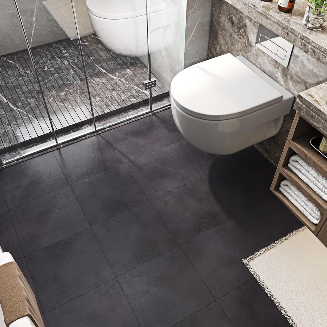 FunStick 30 Pack Floor Tiles Peel and Stick Flooring Bathroom Floor Tile 12x12In Charcoal Grey Waterproof Vinyl Flooring Peel and Stick on Floor Tile Sticky Tiles for Kitchen Basement Laminate Tiles (Slate Gray)