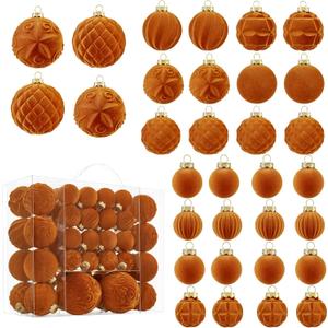 Velvet Christmas Ball Ornaments - 46pcs Flocked Christmas Tree Decorations Set Assorted Shatterproof Hanging Ornaments with Loop for Xmas Holiday Home Decor, 3 Sizes (Orange)