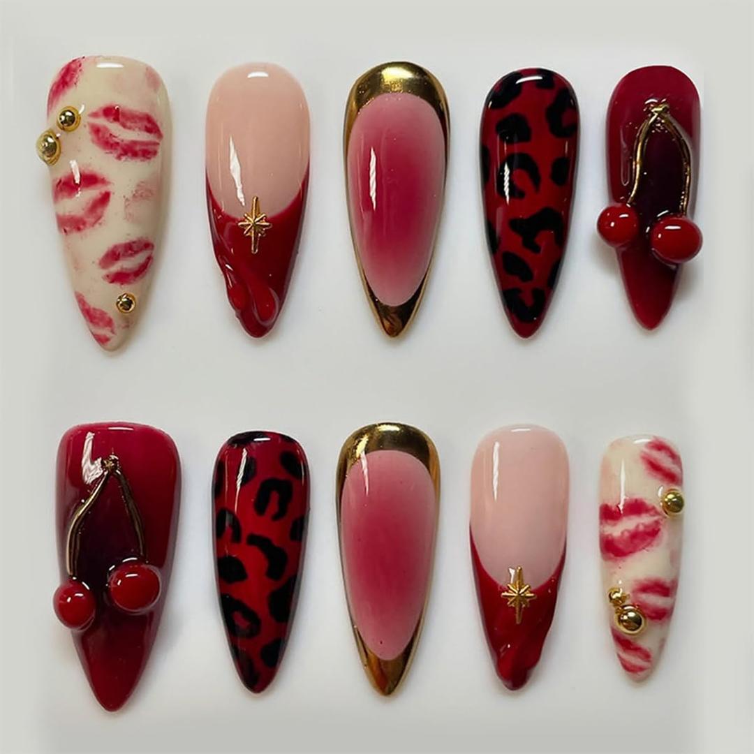 30Pcs Valentines Day Press on Nails Medium Almond QUNQINLI Red Fake Nails Blush False Nails with 3D Gold Pearl Cherry Lips Design French Tip Acrylic Nude Glue on Nails for Women Manicure Decoration