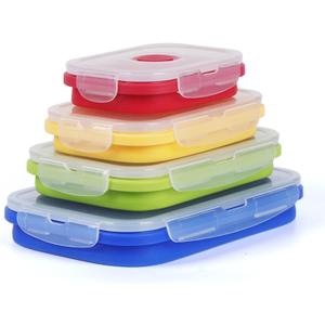 4 Collapsible Silicone Food Storage Containers,Kitchen Stackable Leftover Bento Lunch Meal Box with Plastic Airtight Lids, Leak-proof Camping Food StorageMicrowave Dishwasher Freezer Safe