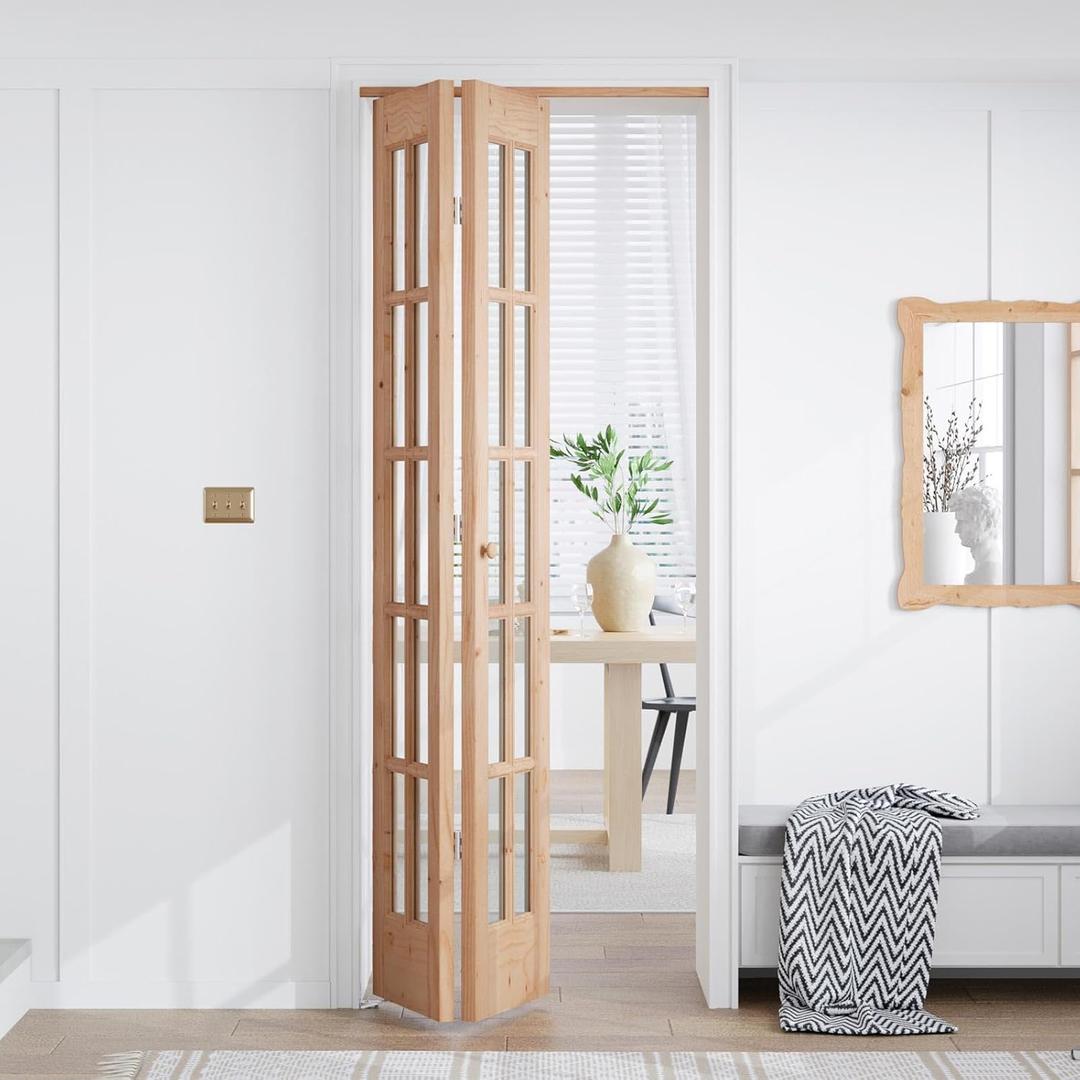 EaseLife Bifold Closet Door,for 24in x 80in (Double 12x80) Opening,French Glass Barn Doors with 2FT Concealed Bi-Fold Sliding Hardware Kit Included,Preassembled Door,Easy Install,DIY staining