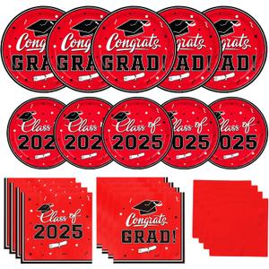 Gatherfun Graduation decorations 2025 Graduation Party Plates and Napkins Red Disposable Paper Plates Luncheon Napkins Cocktail Napkins for Congrats Grad Party Decorations, Serve 50