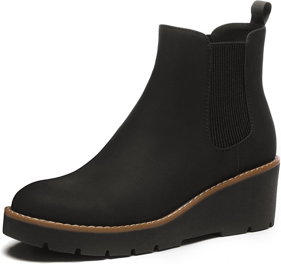 Athlefit Women's Chelsea Wedge Boots Elastic Platform Lug Sole Slip on Wedge Ankle Booties (8, Black)