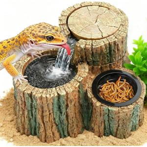 MIXJOY 2 in 1 Reptile Water Fountain with Food Dish 550ML, Reptile Waterfall Drinking Fountain with Adjustable Flow, Natural Resin, Reptile Water Dispenser for Bearded Dragon Gecko Lizard Chameleon