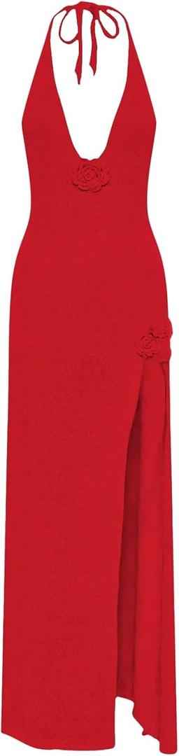 GORGLITTER Women's Halter Crochet Maxi Dress Beach Bikini Swimsuit Cover Up (Red), Size: Small
