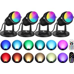 SUNVIE 6W RGBW Up Lights Indoor LED Spot Lights Indoor for Accent Lighting Color Changing Uplighting with Remote Control 120V 4.92FT Cord Spotlight Plug in with Stake for Plant Party Decor, 4 Pack