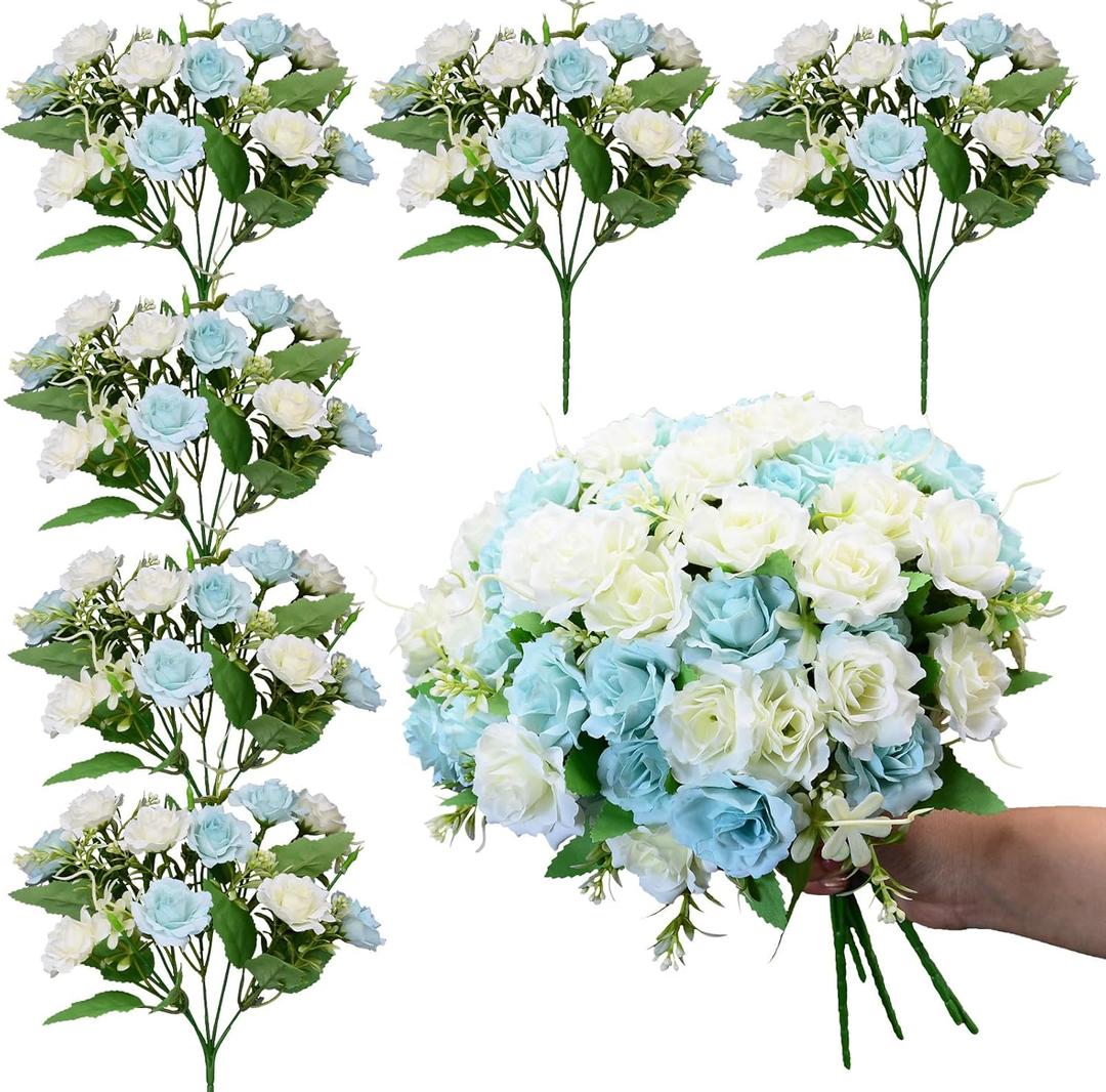 Rose Artificial Flowers Bouquet, 6 Packs Small Roses Flower, 10 Silk Rose Flowers Per Pack, Mini Fake Rose Flower Bunches, Miniature Roses for Decoration Home Wedding Table Centerpieces Decor, Blue (Spring Collection in Blue)