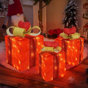 Valentines Day Decor Lighted Gift Boxes, Set of 3 Valentine's Day Gifts Decorations for Indoor Outdoor Room Decor, 60 LED Light Up Gifts Battery Operated for Valentine's Day Wedding(Red Heart)
