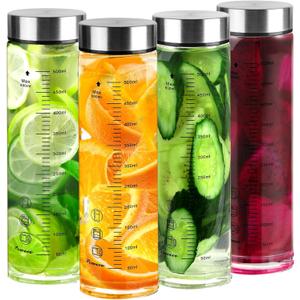 Glass Juice Bottles 4 Pack 20 oz - Wide Mouth Glass Water Bottles with Lids - for Juicing, Protein, Smoothie, Milk, Reusable, BPA Free, Stainless Steel Lids, Blender, Shaker Bottle (20oz/600ml)