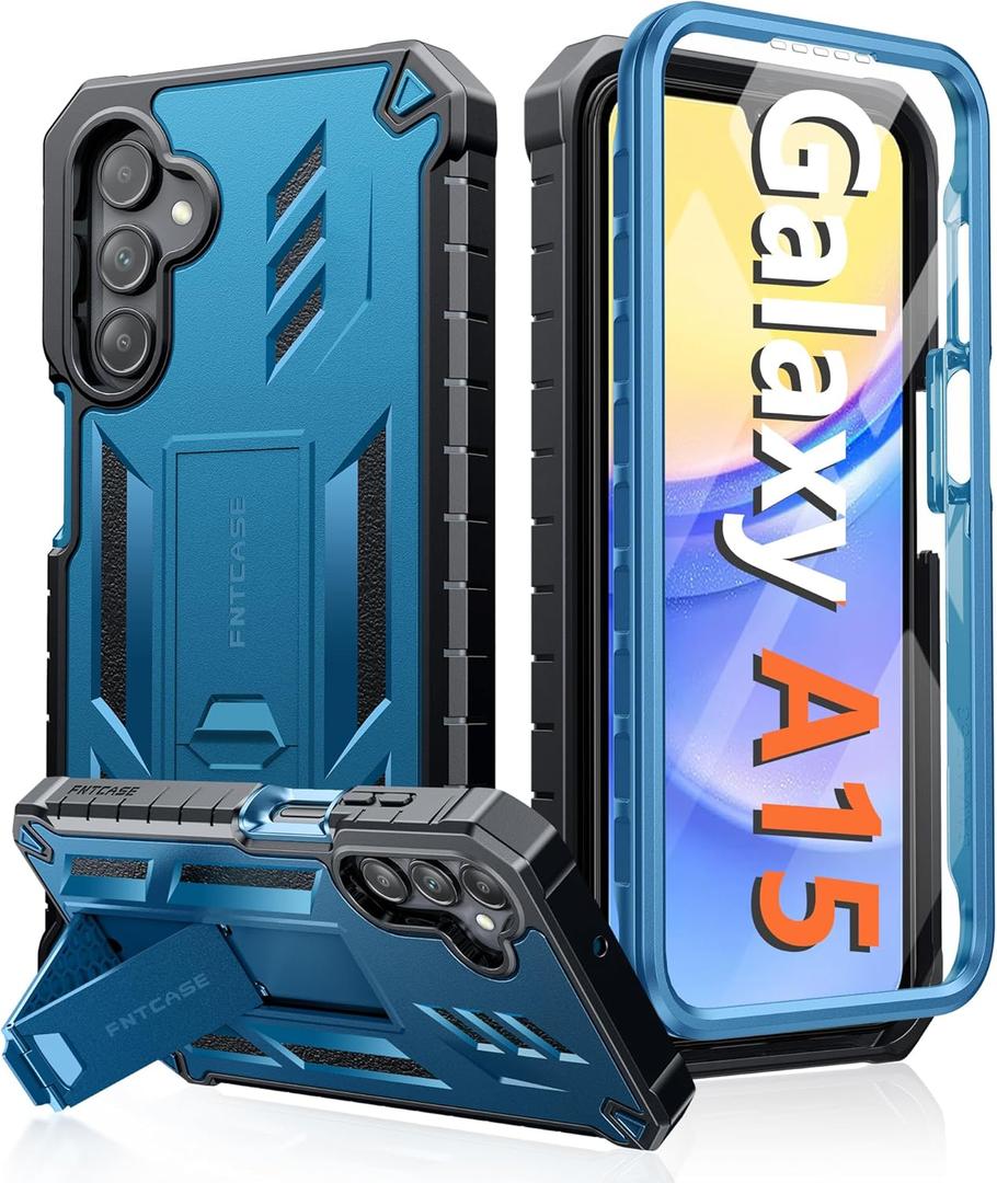 FNTCASE for Samsung Galaxy A15-5G Case: Military Grade Drop Proof Protection Phone Cover with Kickstand | Heavy Duty Rugged Full Body Protective Shockproof Matte Textured TPU Cases - 6.5 Inch (Blue)