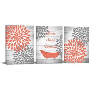 OuElegent Dahlia Canvas Wall Art Coral Gray Flower with Rustic Wood Background Painting Pictures Vintage Bathtub Relax Soak Unwind Inspiring Prints Artwork for Bathroom Decor 12"x16"x3 Panels