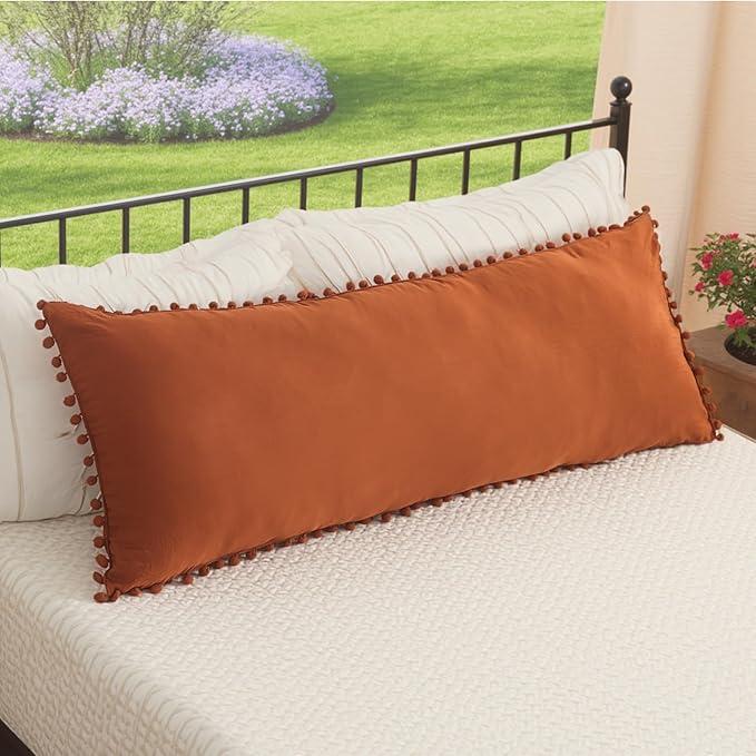 MOVE OVER Burnt Orange Body Pillow Cover 20x54 Body Pillow Case 100% Soft Washed Microfiber Boho Body Pillow Cover Set of 1 Vintage Pom Pom Fringe Design Bohemian Long Body Pillow Cover