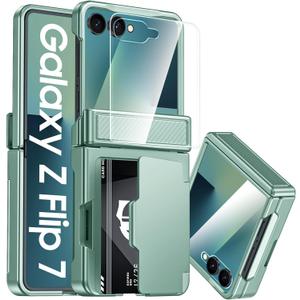 CENMASO for Samsung Galaxy Z Flip 7 Case with Card Holder [RFID Blocking] & Hinge Protection & HD Screen Protector, Rugged Anti-Scratch Full-Body Shockproof Phone Case for Z Flip 7-Mint Green