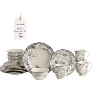 222 Fifth Adelaide 16-Piece Casual Grey Porcelain Dinnerware Set  Service for 4, Classic Toile Bird & Floral Design, Microwave & Dishwasher Safe, for Everyday Dining & Entertainment