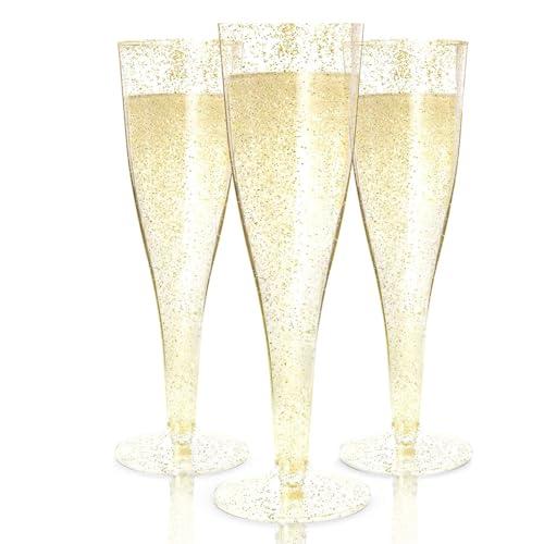 Prestee 5 Plastic Champagne Flutes - Gold Champagne Flutes Plastic - Gold Disposable Mimosa Flute - Party Supplies - Disposable Cocktail Glasses - Mimosa Bar, Wedding, Shower Party