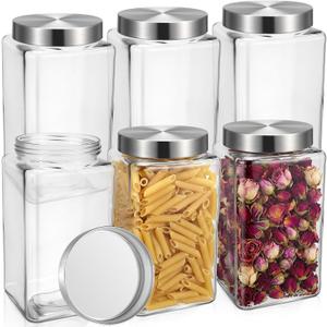 LemonRoad 6 Pack 68 oz Square Glass Jars with Lids Wide Mouth Kitchen