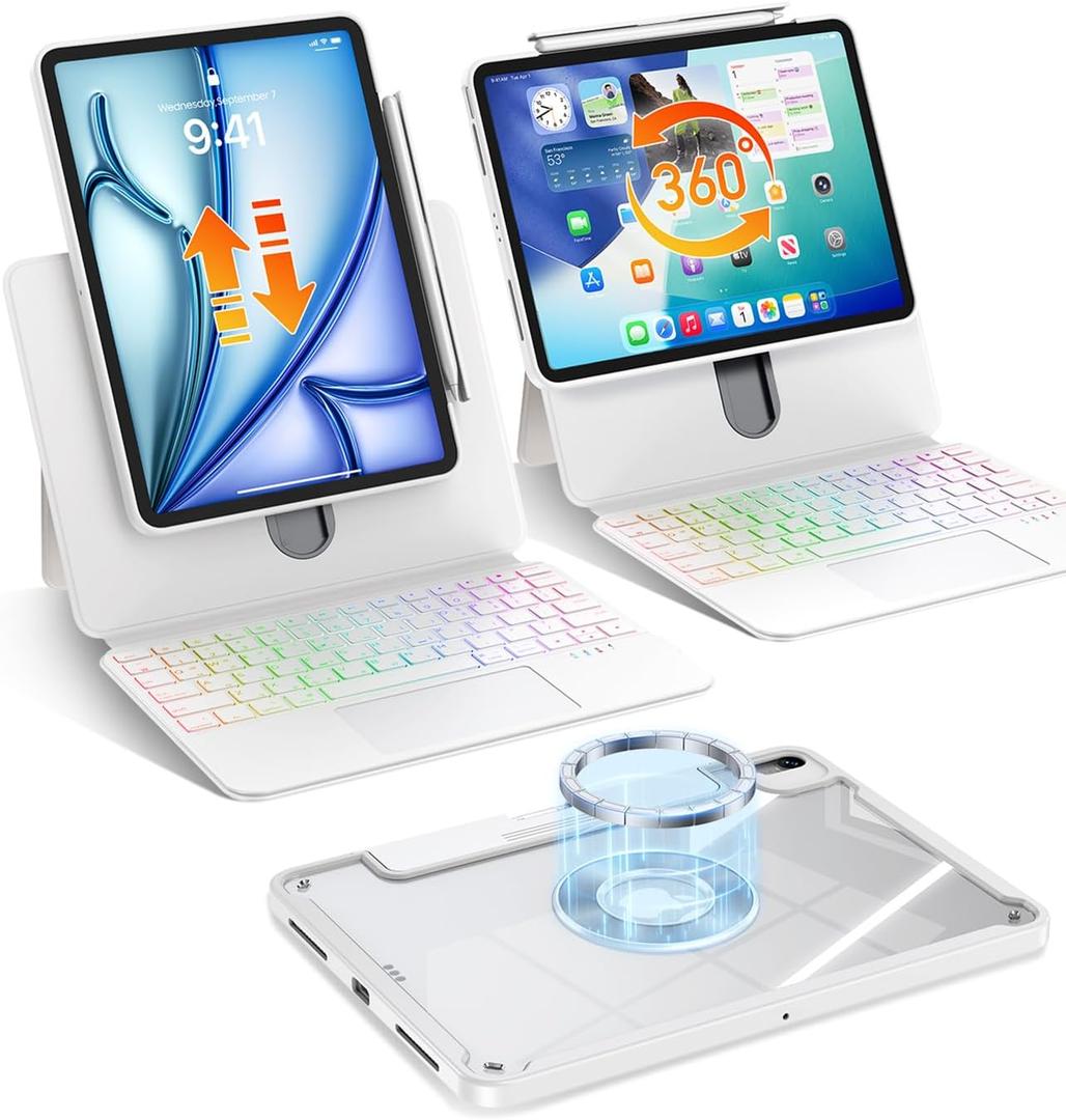 Clear Magnetic iPad Air 13 (M4 2026/M3 2025/M2 2024) & iPad Pro 12.9 (3rd-6th Gen) Case w/Keyboard, Detachable Splitfolio Cover, 360 Rotation & Up-Down Lift, 7-Color Backlit Trackpad Keyboard, White