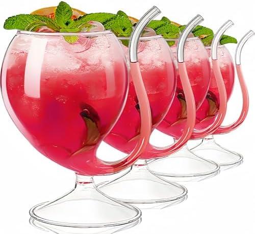 Tlence 4 Pack Straw Wine Glass, 12 OZ Sipping Wine Glasses with Built-in Straw, Creative Tube Cocktail Goblets, Clear Funny Decanter Cups for Juice Ice Cream Champagne Party Glassware Barware
