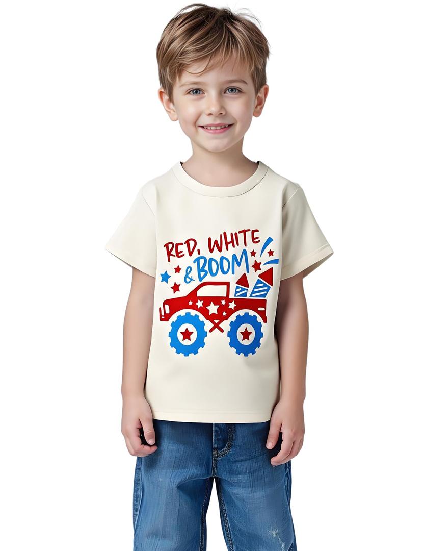 Kids Toddler Boys Girls 4th of July T-Shirt Red White and Boom Firework Monster Truck Patriotic Short Sleeve Top(1-2T,Beige Monster Truck)