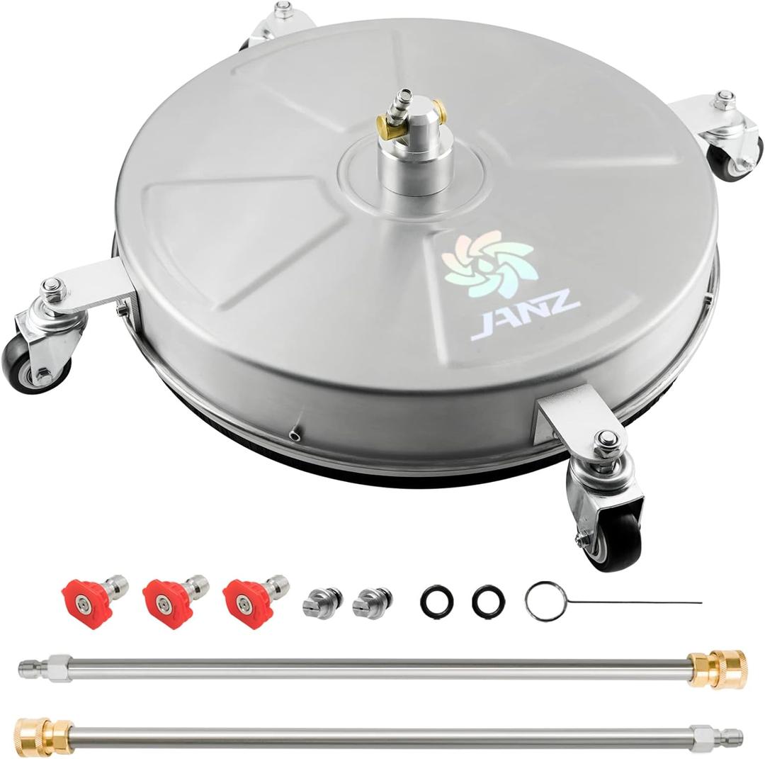JANZ 18" Pressure Washer Surface Cleaner with 4 Wheels,1/4" Quick Plug,Stainless Steel Housing,2 Extension Wand Attachments, 3 Spray Nozzles and 2 Replacement Nozzles, 4000 PSI