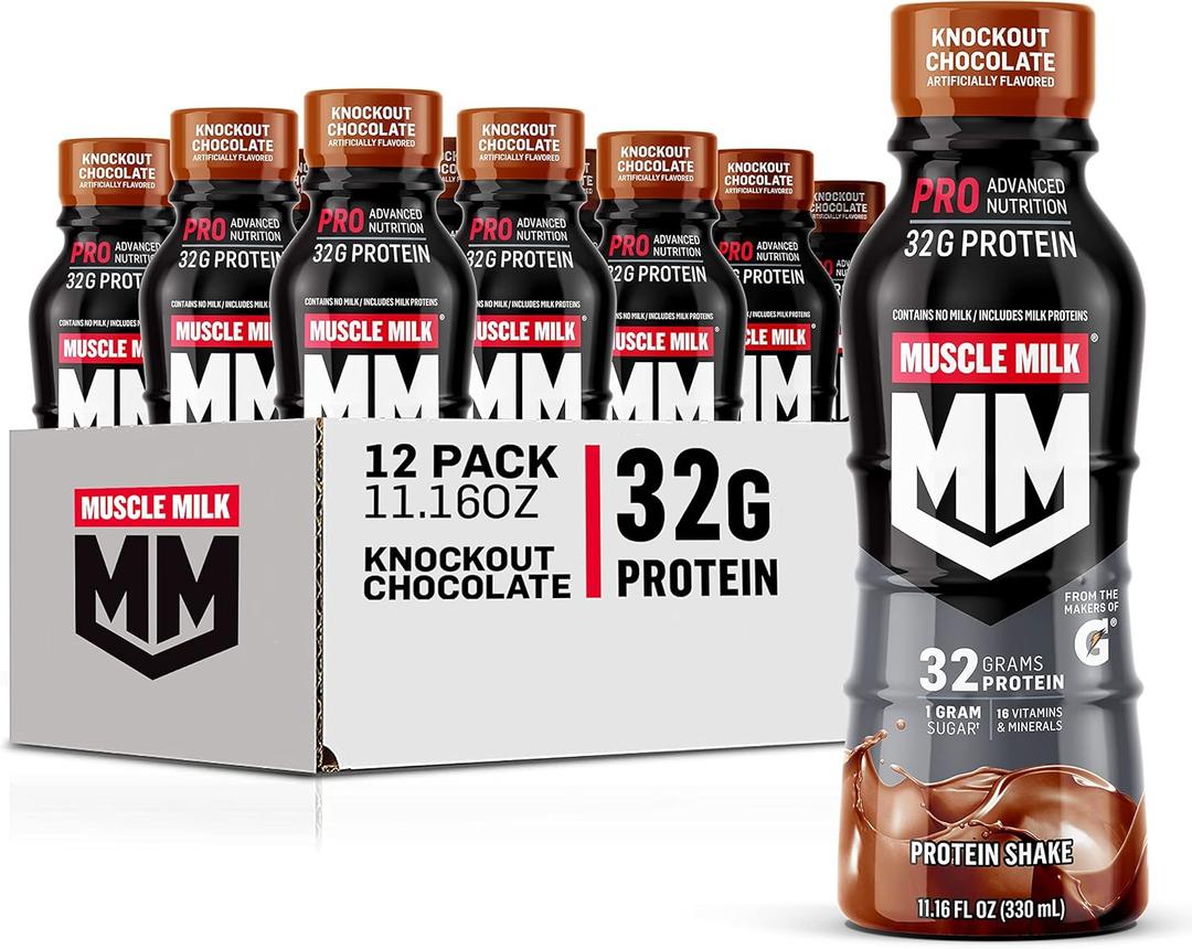 Muscle Milk Pro Advanced Nutrition Protein Shake, Knockout Chocolate, 11.16 Fl Oz (Pack of 12), 32g Protein, 1g Sugar, 16 Vitamins & Minerals, 5g Fiber, Workout Recovery, Energizing Snack, Best By: JUN 09 2026