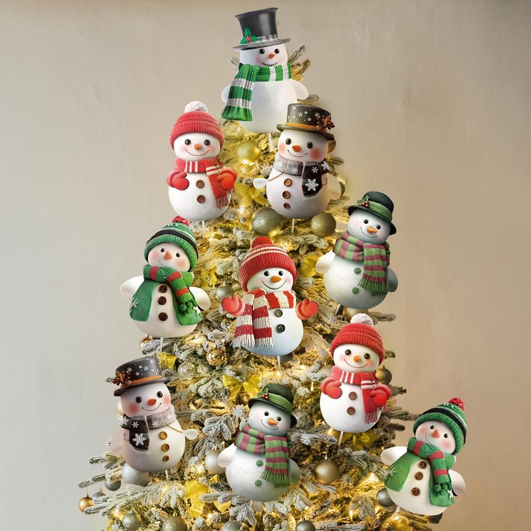 Giegxin 12pcs 10 x 8 Inches Snowman Christmas Tree Picks Flat Snowman Christmas Decor with Sticks Cute Ornaments for Xmas Tree Topper Home School Office Garden Patio Winter Vase Holiday (Multi Color)