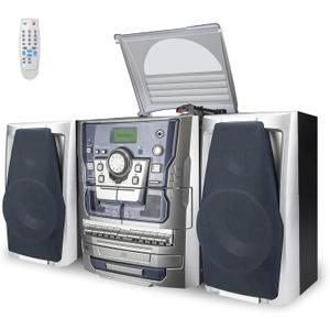 Bluetooth Vinyl Stereo Record Player, 3-Speed Stereo Turntable CD Player Music System with Dual Cassette Deck, Digital Alarm Clock FM Radio Coded CD Tape with Remote Control