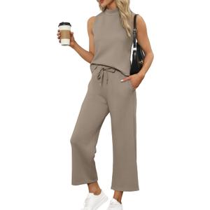 SAMPEEL Two Piece Sets for Women Summer Outfits Lounge Sets Mock Neck Tops Wide Leg Crop Pants Vacation Travel Outfits (Beige, XL)