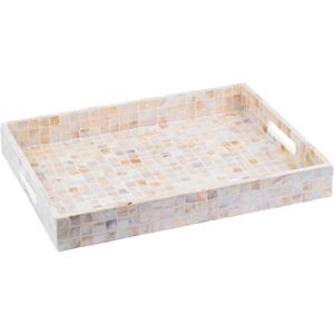 PEMAR Rectangular Mother of Pearl Serving Tray Nacre Wood Lap Ottoman Tray for Coffee Table, Luxury Decorative Handmade Eating Platters w Insert Handles (White Cream)