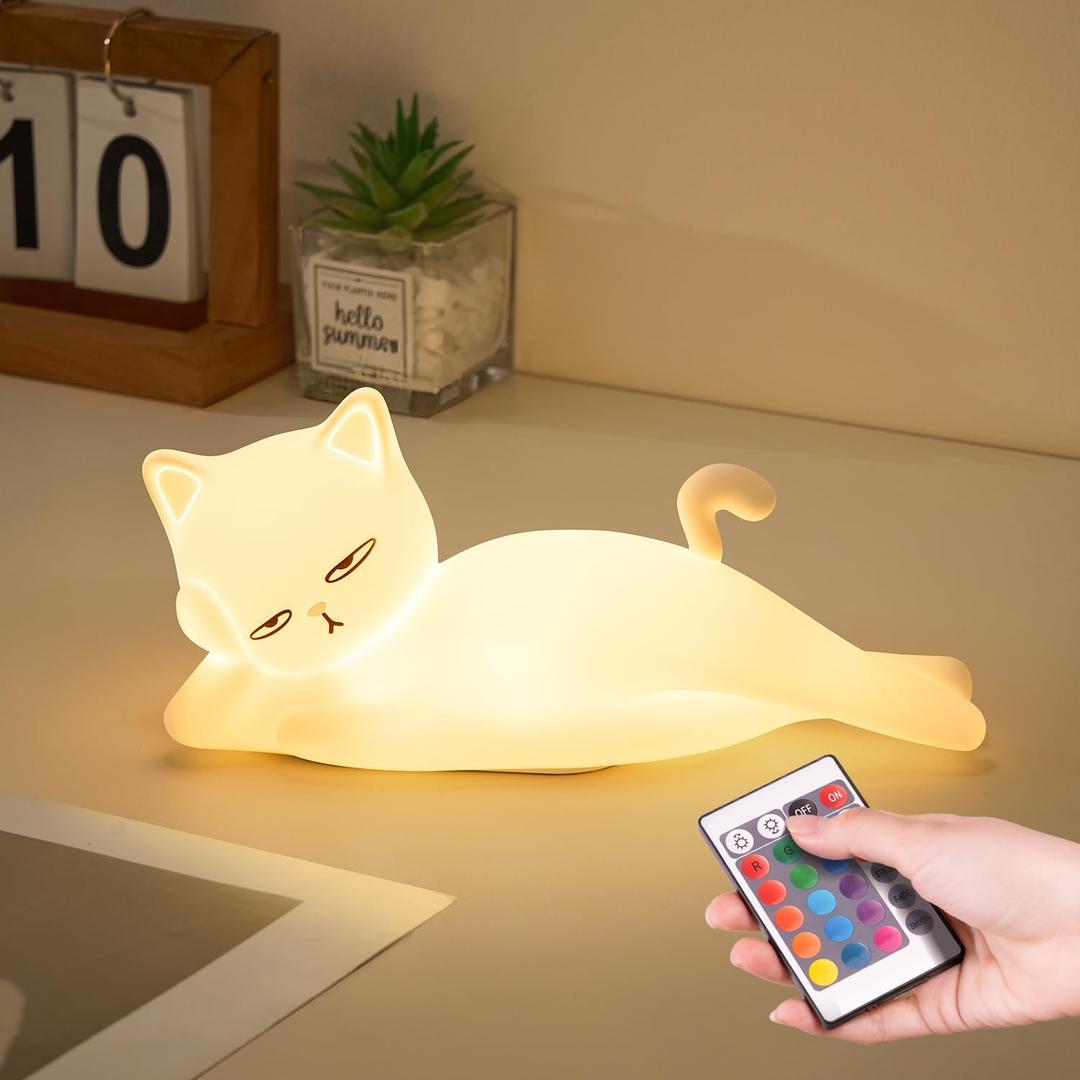 Lying Flat Cat Night Light, 16 Colors+5 Dimming+Silicone Cute Lamp, Touch+Remote Control Cat Lamp, Rechargeable Night Light,Fun & Cool Weird Stuff Random Stuff, White Elephant Gifts for Adults, Kids