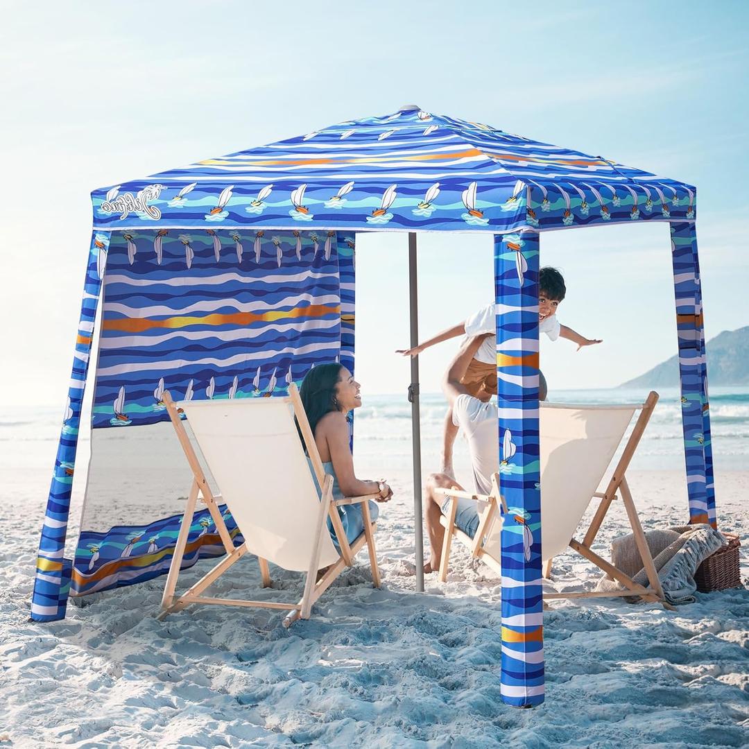 Jihfmo Beach Cabana, 6.2'×6.2' Beach Canopy with Side Wall, UPF 50+ UV Protection Easy Setup Tent Sun Shelter with Sand Pockets for Whole Family (Summer Sailboat)