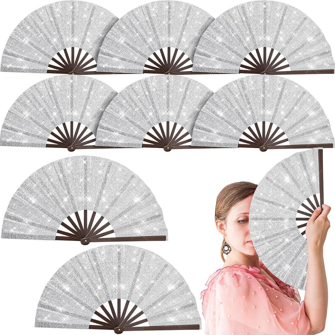 Wenqik 9 Pcs Large Glitter Rave Fan Decoration Foldable Bamboo Folding Hand Foldable Chinese Kung Fu Fan for Christmas Gifts Dance Club Festival Party Stage Performance Decoration(Silver), 12.2 inches