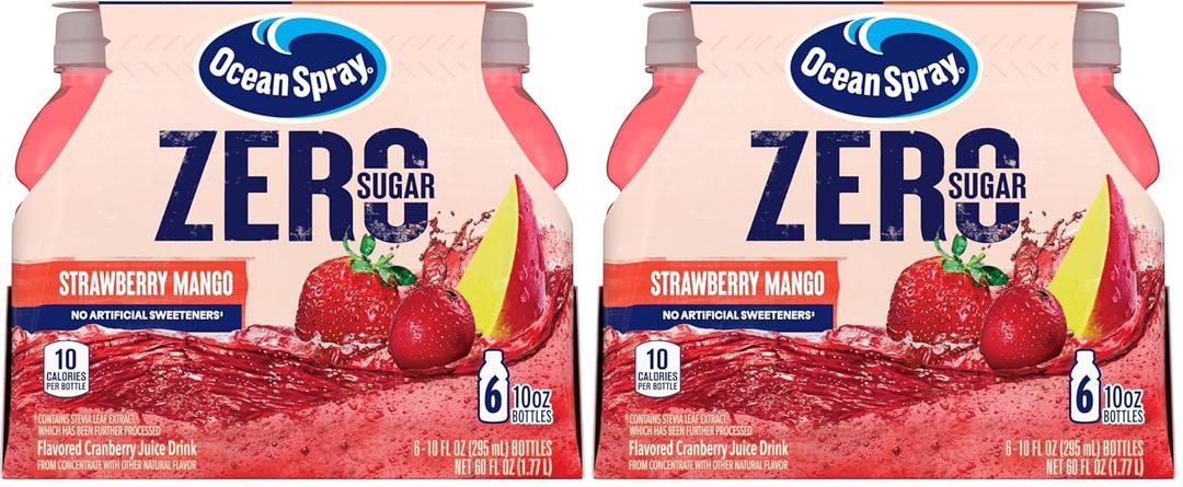 Ocean Spray ZERO Sugar Strawberry Mango Juice Drink, Strawberry Mango Juice Drink Sweetened with Stevia, 10 Fl Oz Bottle, 6 Count (Pack of 2), BB Date 04/25/2026