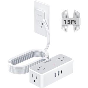 TESSAN Flat Plug Extension Cord 15 FT, Surge Protector Power Strip with 4 AC Outlets 1 USB C and 2 USB A Ports, 900 Joules Protection, Multiple Wall Outlet Extender Suitable for Office Dorm, Grey