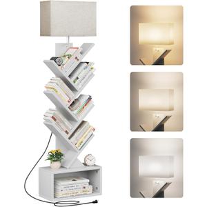 Evermagin 6 Tier Tree Bookshelf with Light, Narrow Bookcase Tower, Tall Floor Standing Book Shelf Organizer with Storage Cabinet for Living Room, Bedroom and Home Office, White