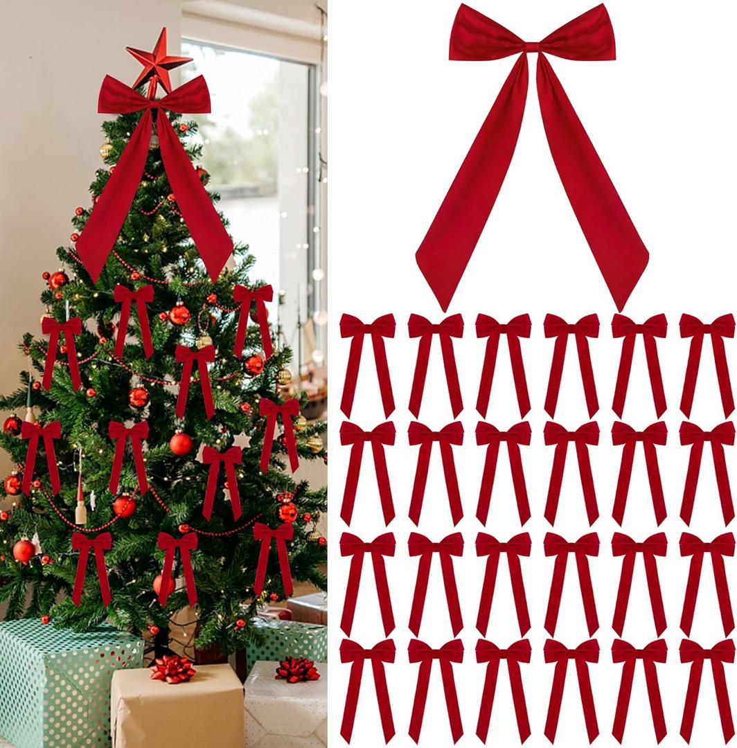25 PCS Christmas Red Velvet Bows Include 1Pcs 20x11in Large and 24Pcs Small Velvet Wreath Bows for Christmas Tree Red Xmas Bow Ornaments for Xmas Tree Home Wreath Garland Indoor Outdoor Party Decor