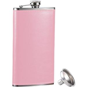 GENNISSY 10oz Whiskey Flask for Women - Stainless Steel Hip Flask with Pink Leather, Leakproof with Funnel & Never Lose Cap, Gift for Women(Wedding, Birthday, Camping)
