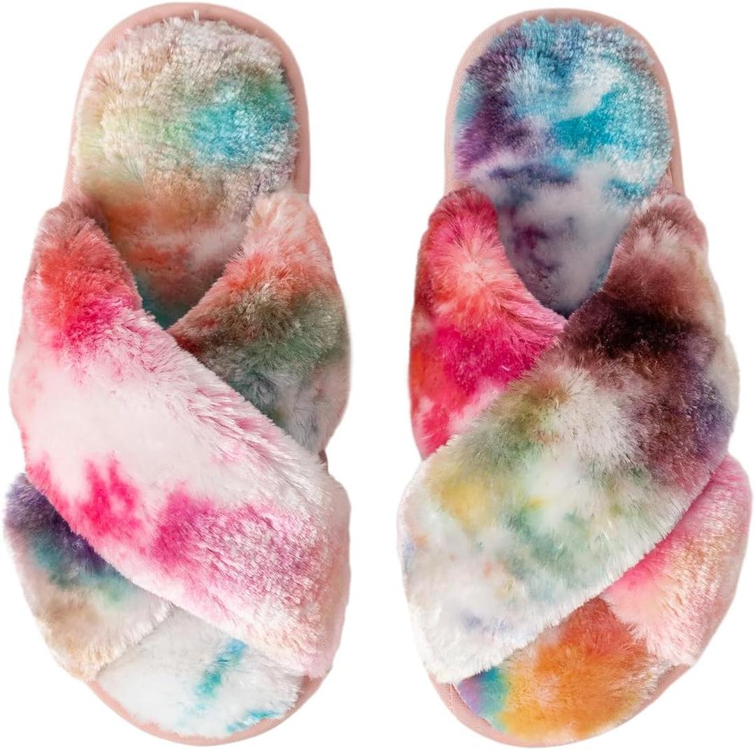 Enteer Women's Slipper Memory Foam Cross Band Fuzzy Slippers Open Toe Cozy House Slippers Cozy Plush Bedroom Indoor Outdoor
