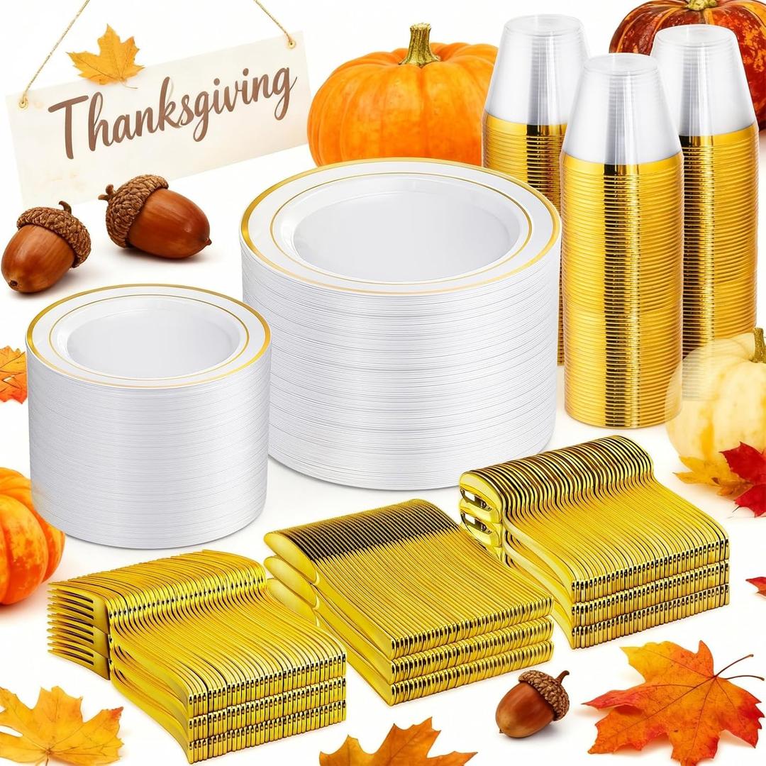 WELLIFE 600 PCS Gold Disposable Dinnerware Set for 100 Guests, Gold and White Plastic Plates for Party, 100 Each-Dinner & Salad Plates, Cups, Forks Knives Spoons for Wedding and Party