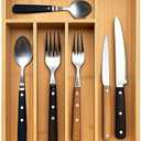 guiogc Kitchen Bamboo Silverware Drawer Organizer，Silverware Organizer and Cutlery Tray with Grooved Drawer Dividers for Silverware, Knives in Kitchen, Bedroom (5 Slot-Natural)